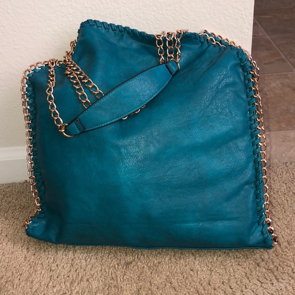 Teal & Gold Strap Tote 👜 - Picture 2 of 7